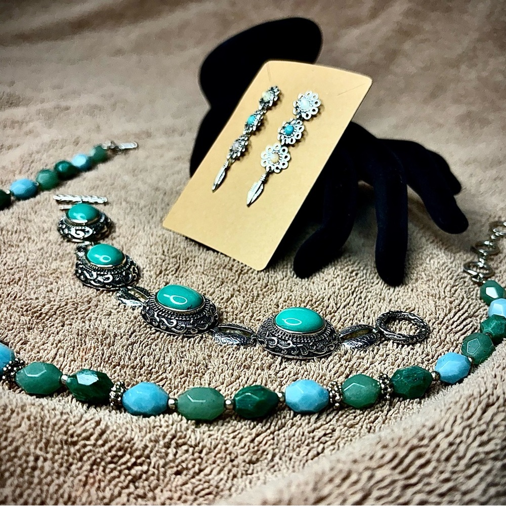 Sterling Turquoise Bracelet & Earrings Set w/ Beaded Necklace item#0045